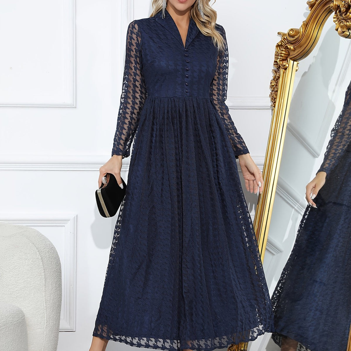  Solid Lace Houndstooth Dress Long Sleeve Lapel Collar Button Decor