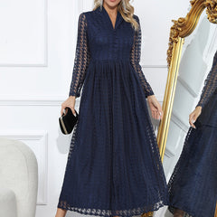  Solid Lace Houndstooth Dress Long Sleeve Lapel Collar Button Decor