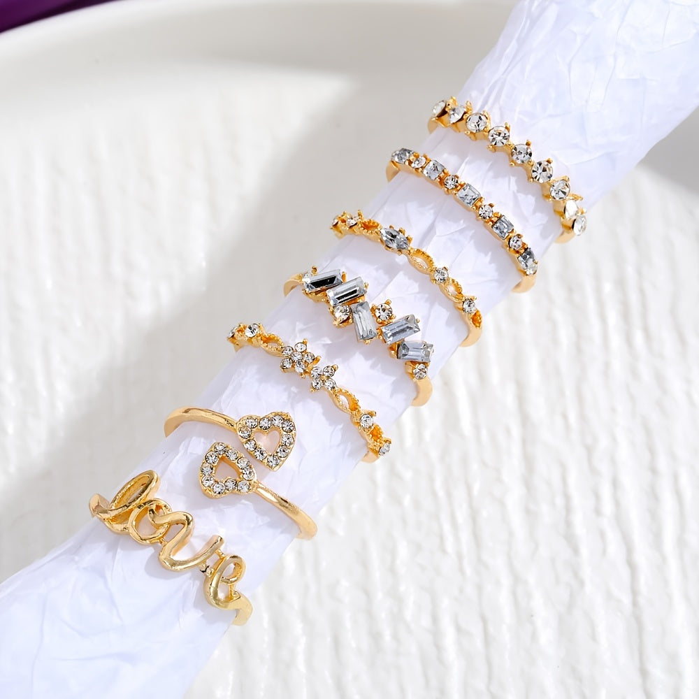 7pcs Golden Letter Love Rhinestone Joint Ring Set For Women