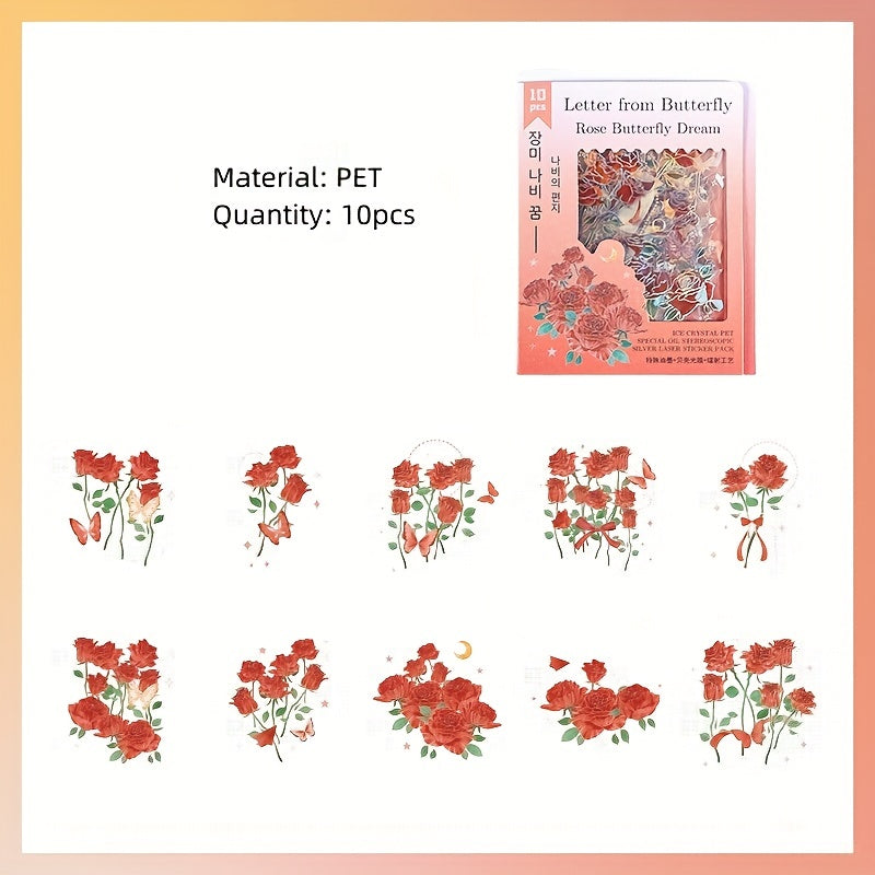 10pcs Flowers Rose Plant Moon Star Butterfly Stickers for DIY Scrapbooking