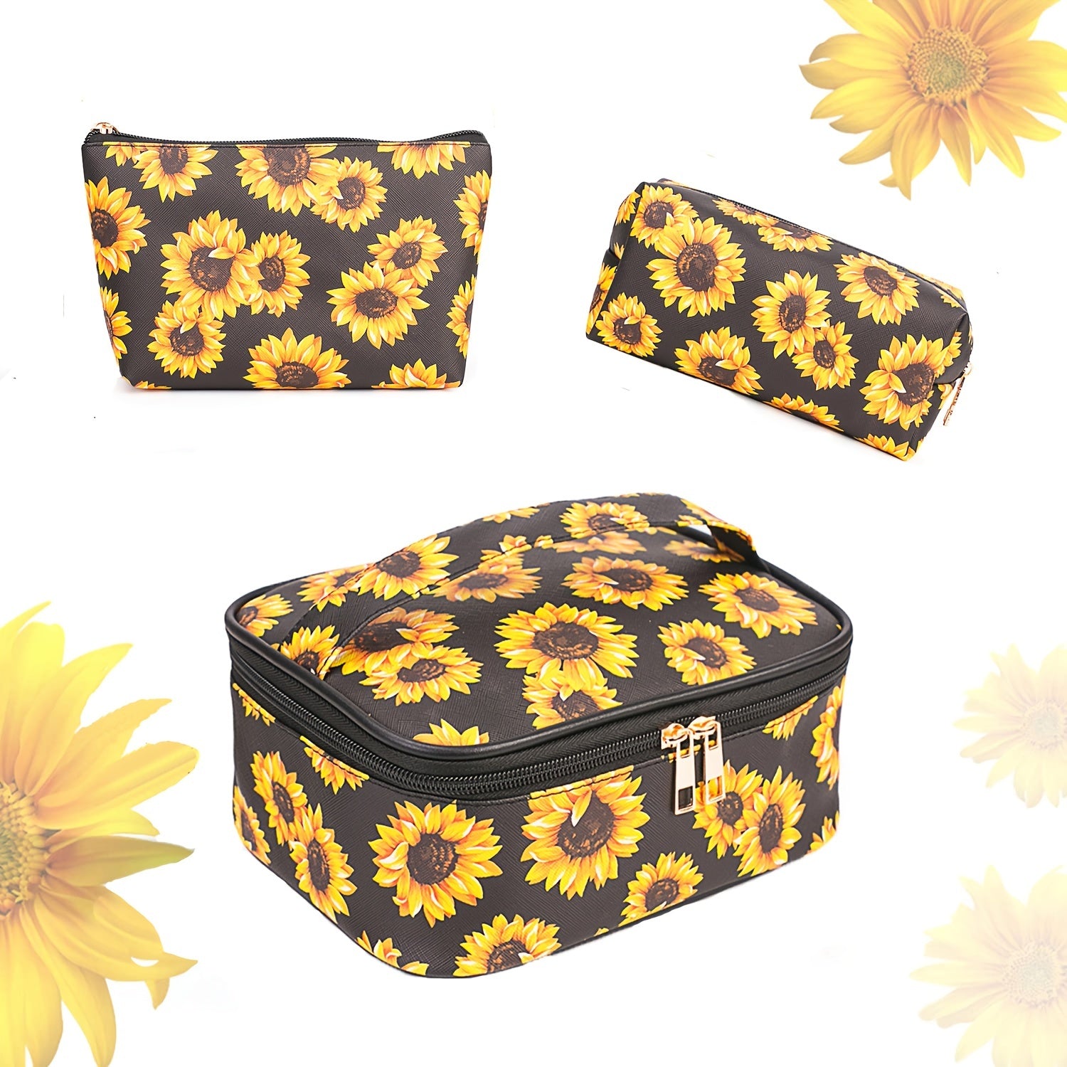 3pcs Sunflower Makeup Bag Travel Toiletry Organizer Waterproof Storage Case
