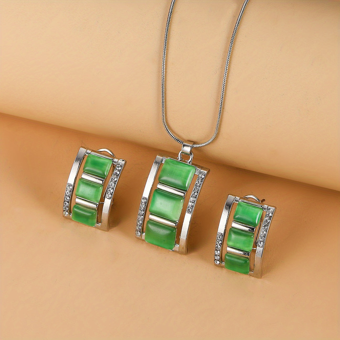 Opal Necklace & Earrings Set Rhinestone Gemstone Jewelry