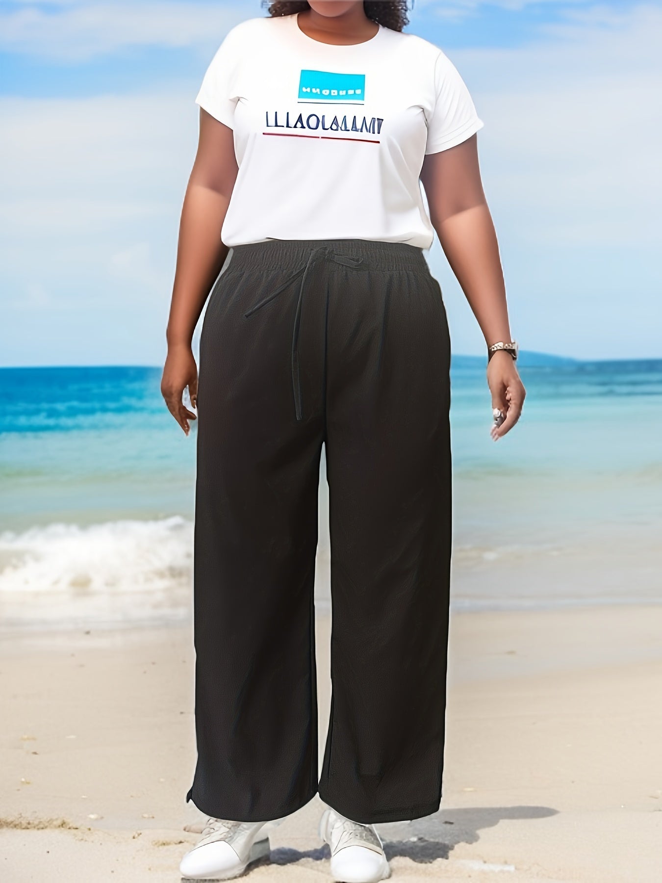  Solid High Rise Wide Leg Trousers