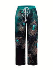  Peacock Print Drawstring Straight Leg Trousers