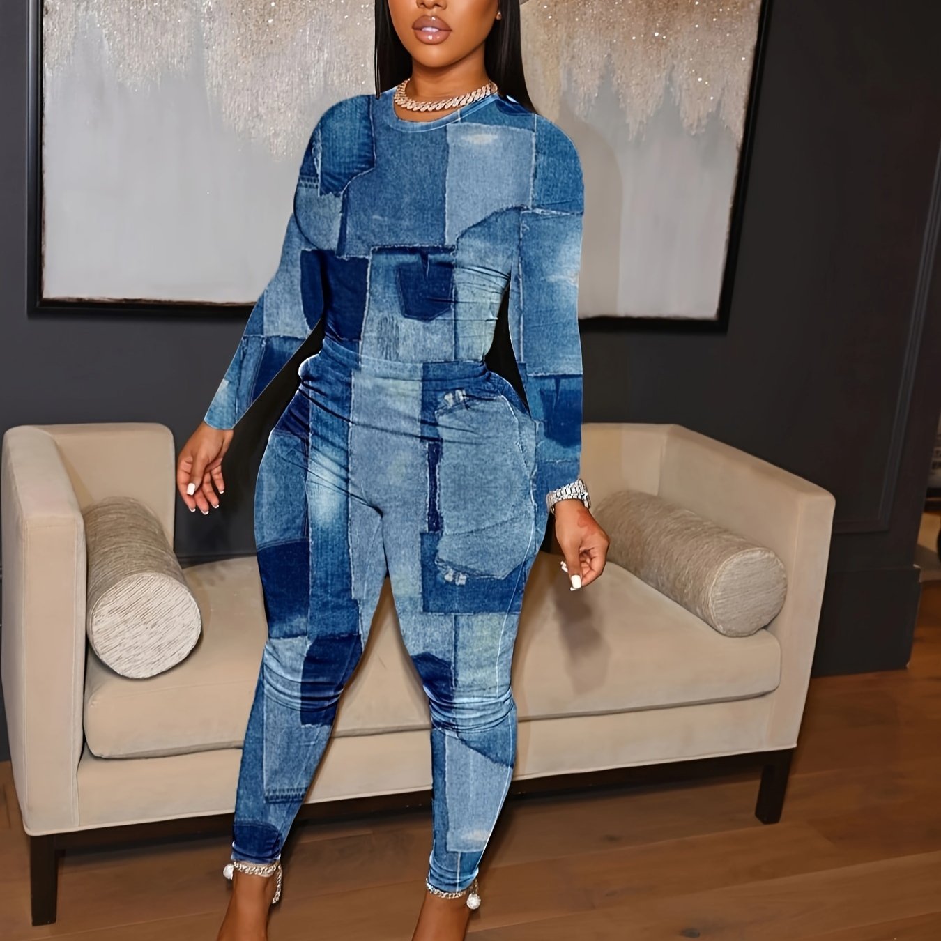 Plus Denim Print Long Sleeve Tee & Leggings Set