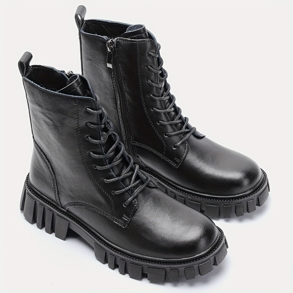 Women's Combat Boots Lace Up Chunky Heel Leather Side Zipper Boots