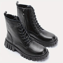 Women's Combat Boots Lace Up Chunky Heel Leather Side Zipper Boots