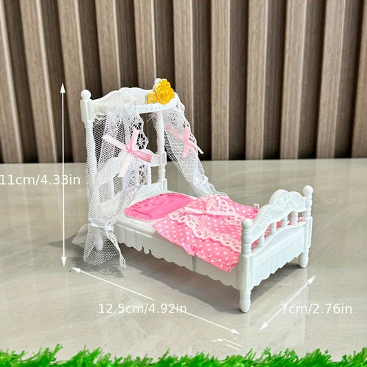 Mini Princess Bed with Canopy & Lace Curtains Dollhouse Furniture for Girls