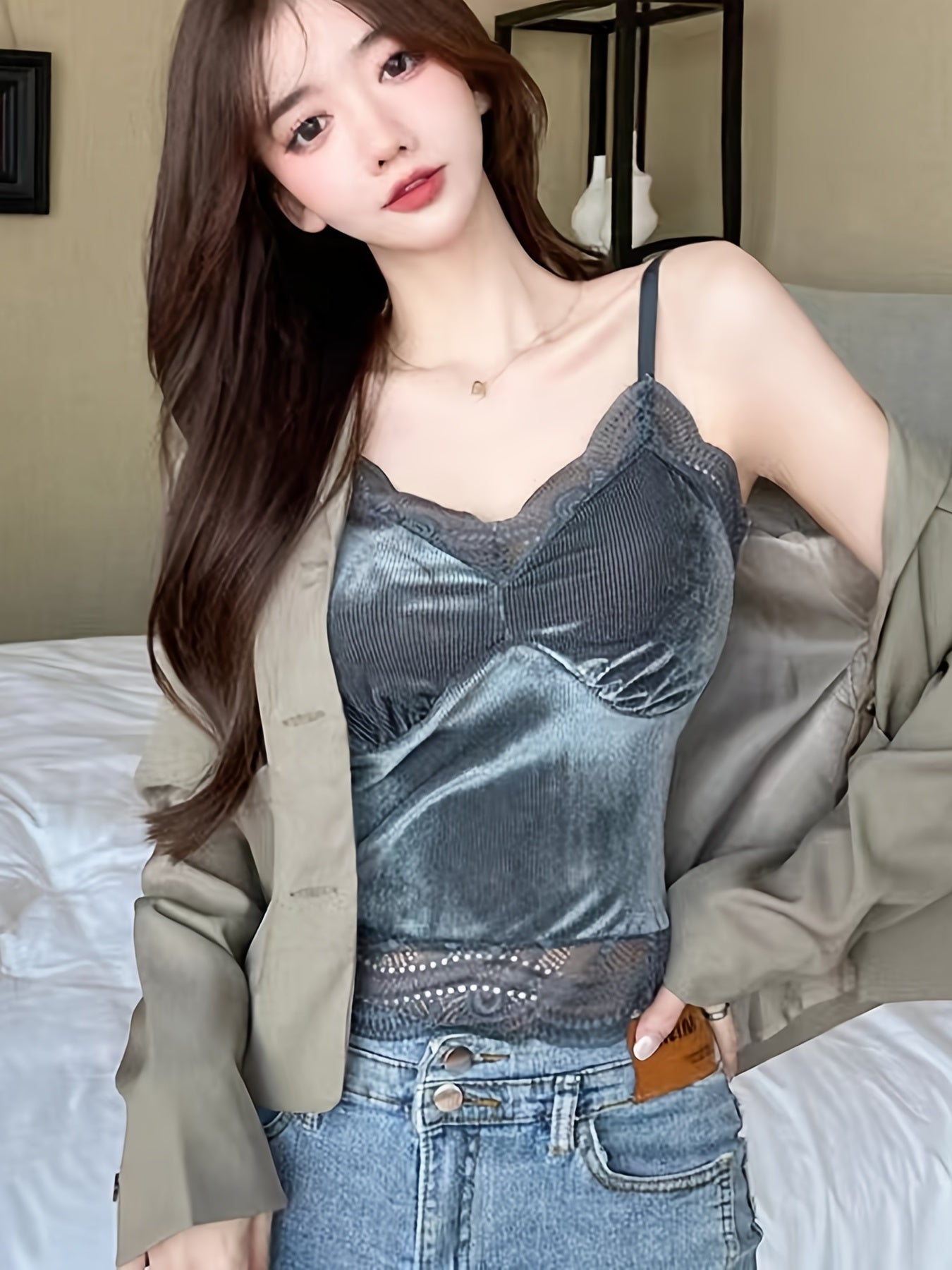 Sexy Lace Trim Cami Top V Neck Tank Top Women's Lingerie