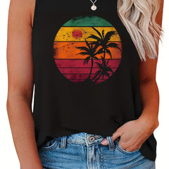  Colorblock Coconut Tree Print Tank Top