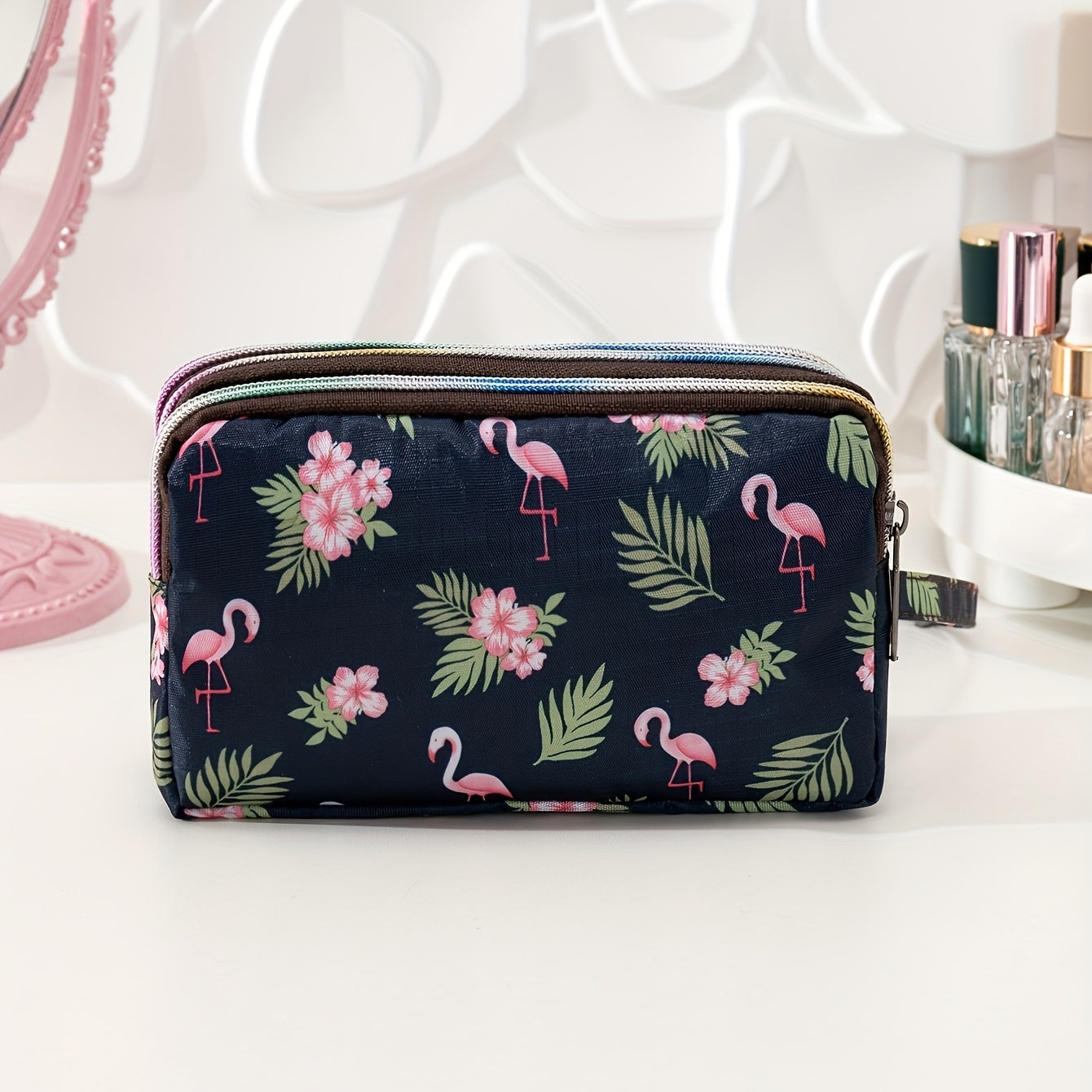 Tropical & Flamingo Print Makeup Pouch Bag Travel Portable Organizer for Women