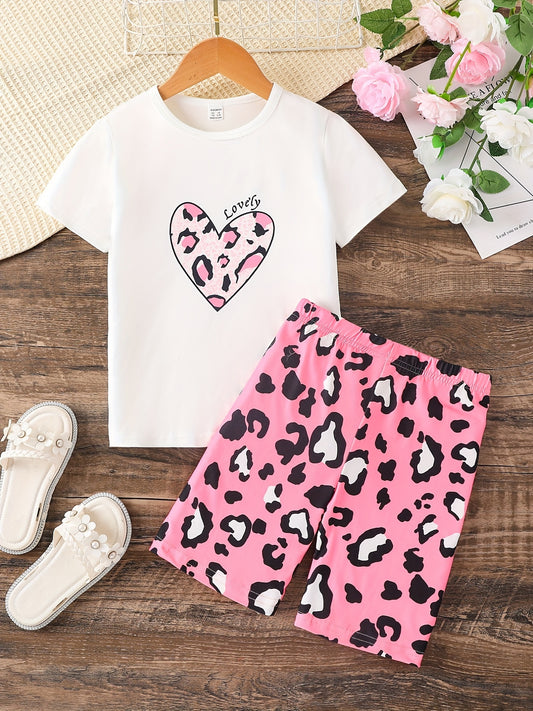 Girls Leopard Heart T shirt & Pants Set for Summer Party