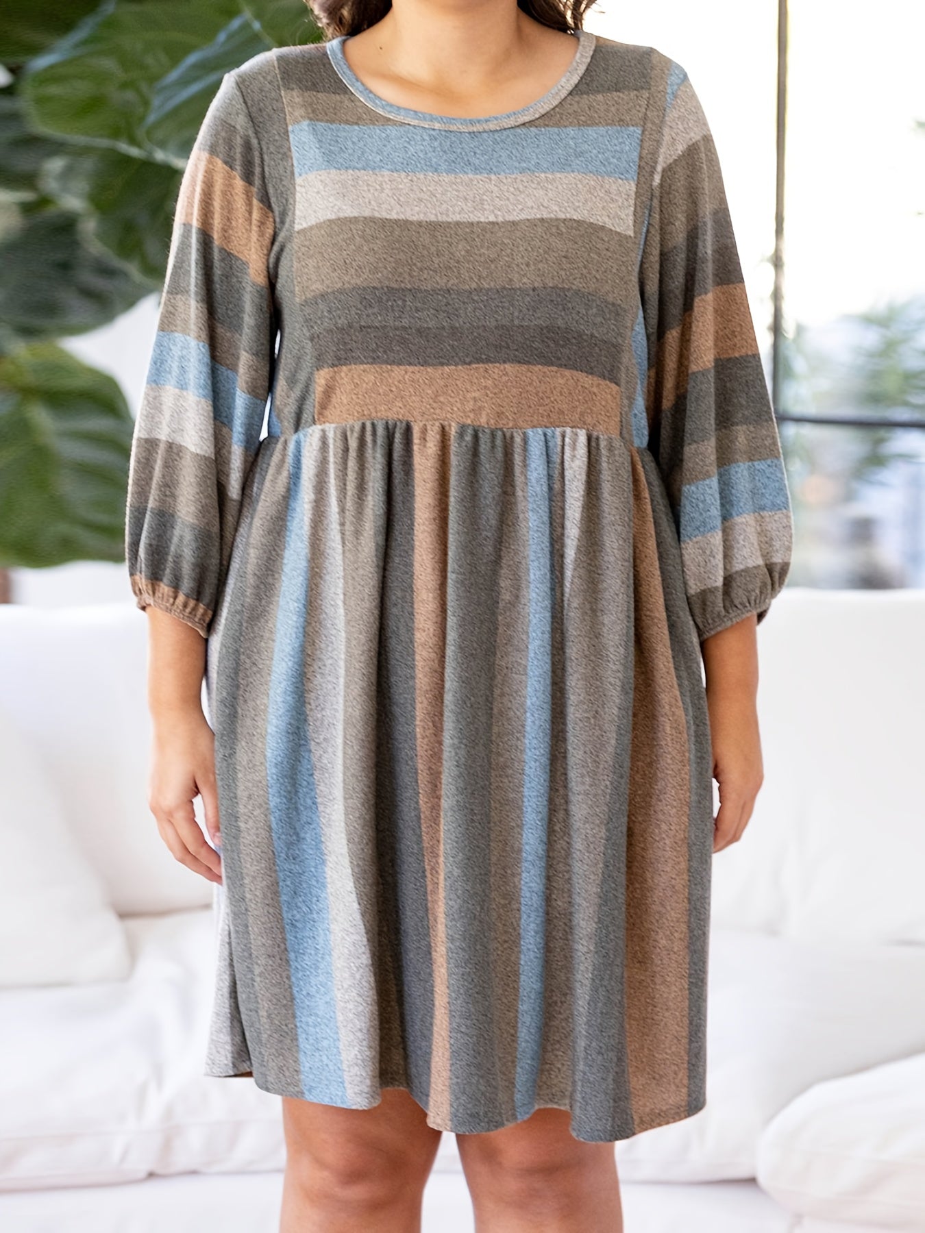  Colorblock Long Sleeve Smock Dress