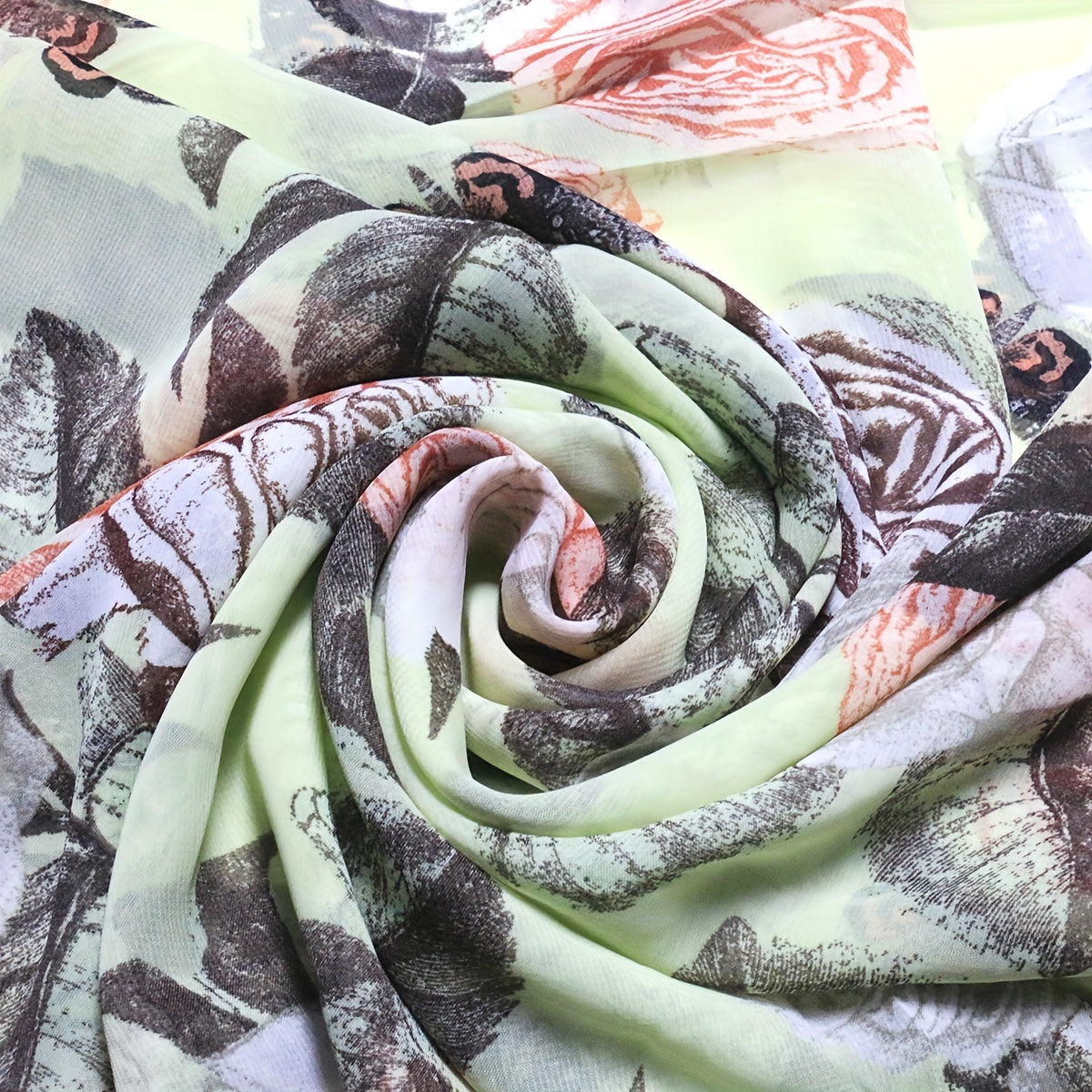 Vintage Rose Print Chiffon Scarf Green Shawl Thin Hijab Women Headscarf
