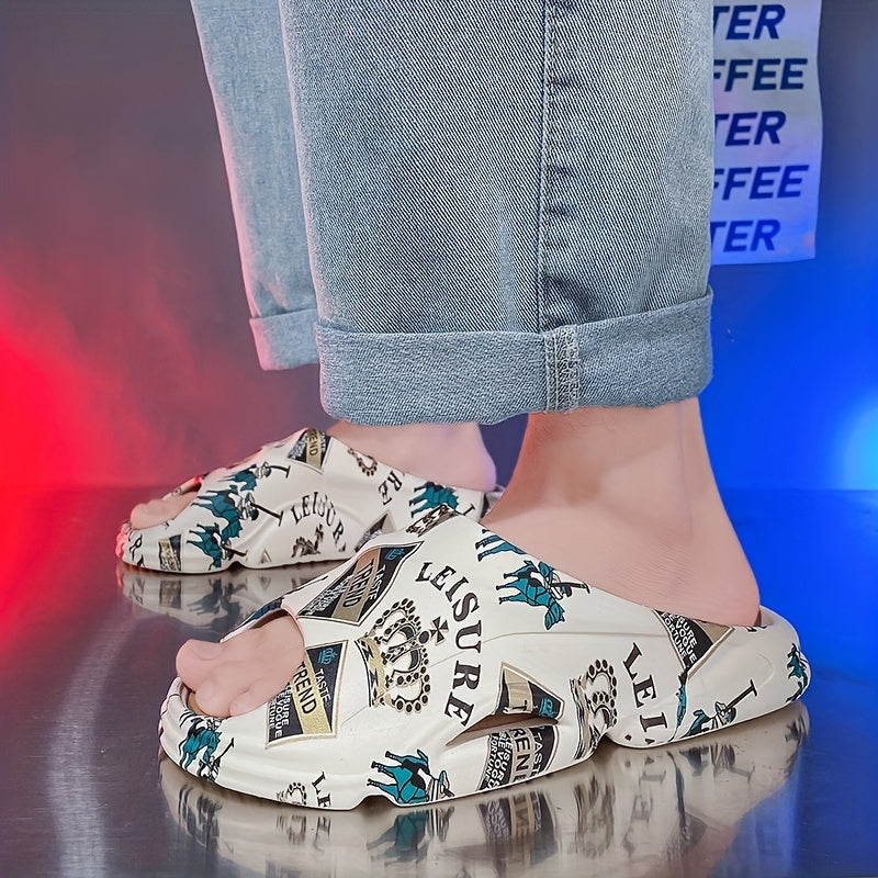 Men's Graphic Print Non Slip Platform Slides