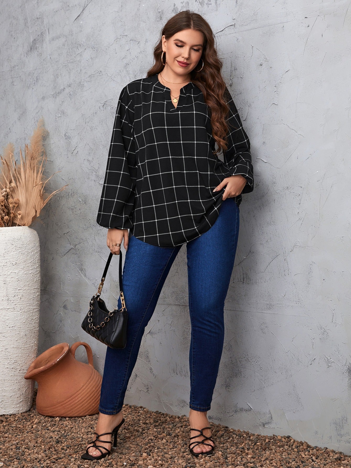 Grid Print Long Sleeve Notched Neckline Blouse