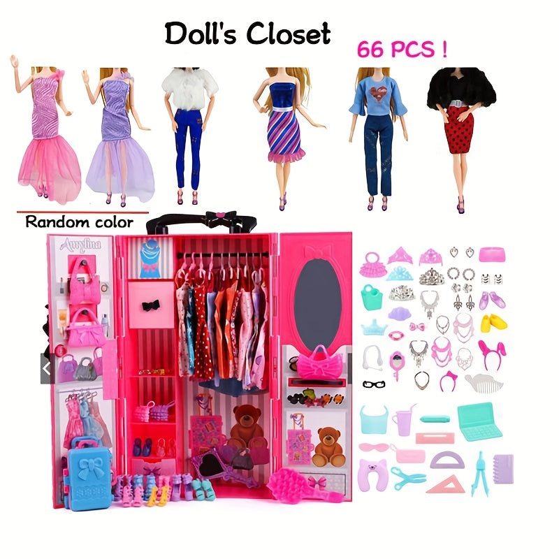 QSMARTOY Dollhouse Wardrobe Set with Clothes, Shoes, Dresses - Kids Toy