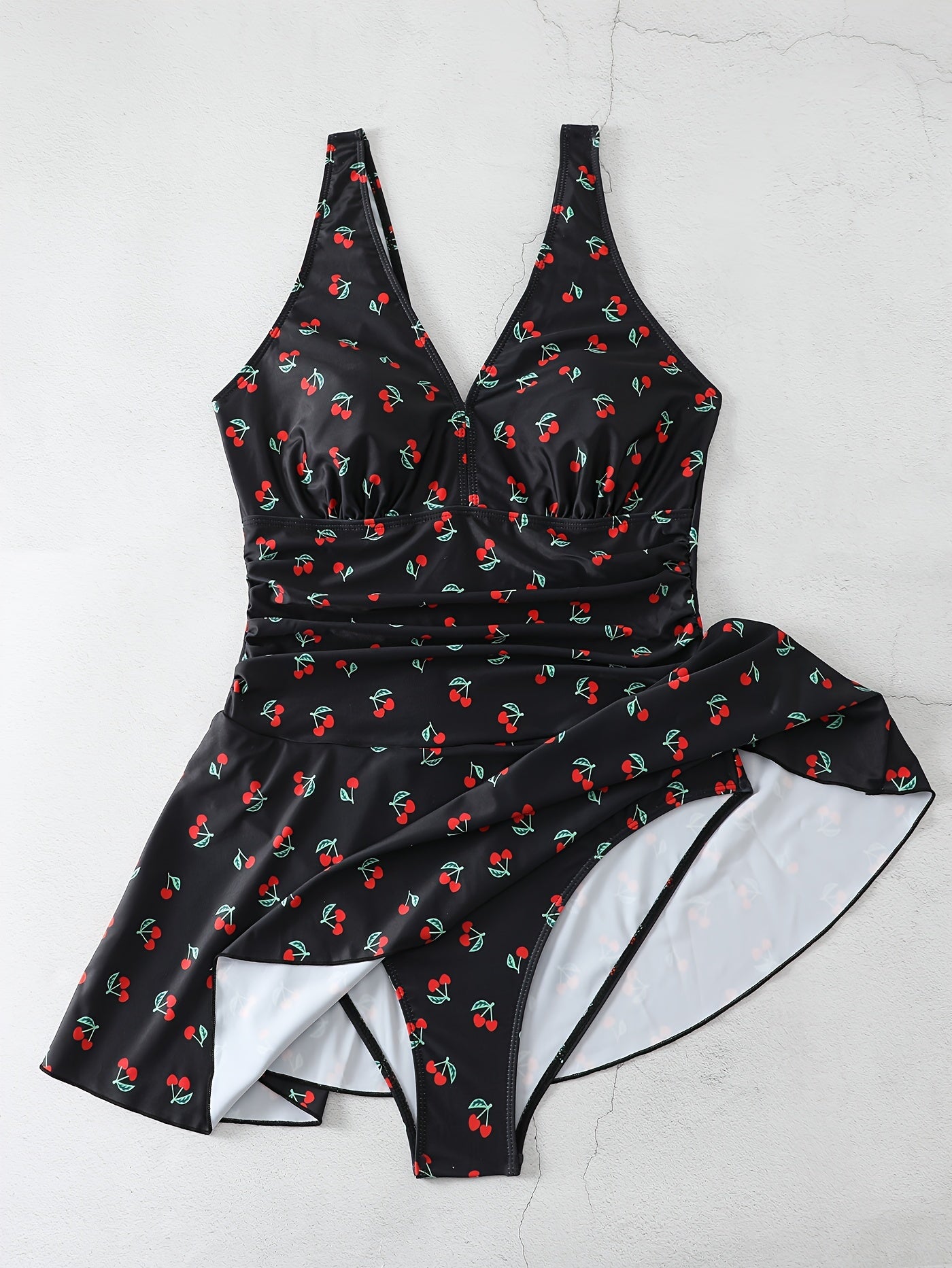  Swimsuit Women's Plus Cherry Print Ruched Tummy Control Skirted