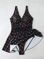  Swimsuit Women's Plus Cherry Print Ruched Tummy Control Skirted