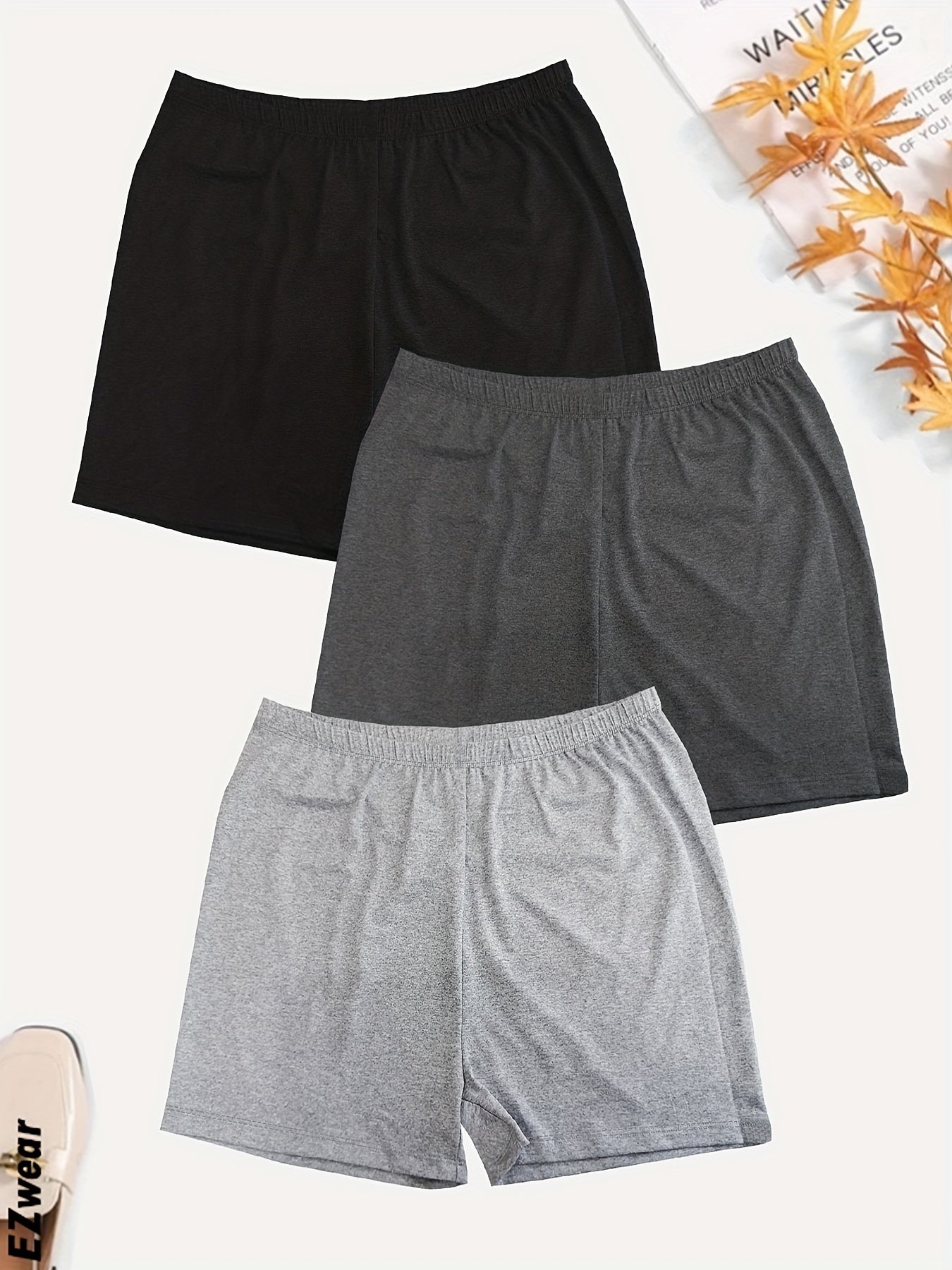 Solid Elastic Waist Shorts 3 Pack Wide Leg Casual Workout Versatile Shorts