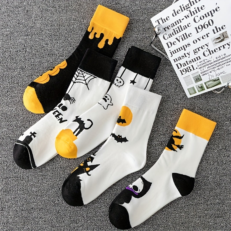 5 Pairs Ghost & Bat Print Socks Halloween Mid Tube Socks Women's Stockings