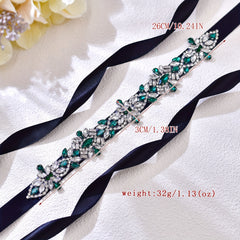 Vintage Green Dress Belt with Rhinestone Waist Sparkle