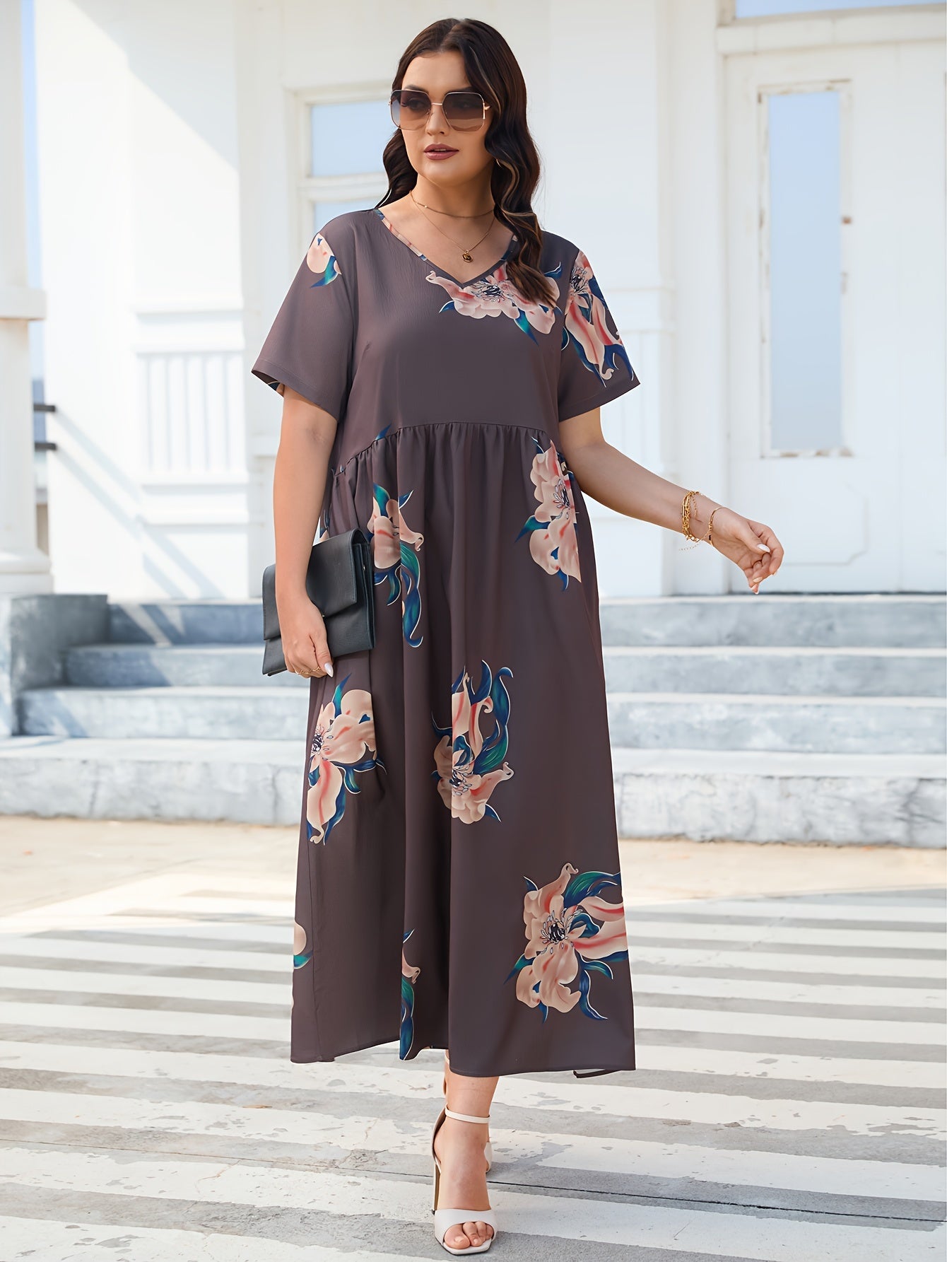 Floral Print V-Neck Maxi Dress Plus Size