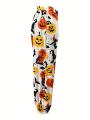  Halloween Pumpkin Print High Rise Tapered Leg Pants