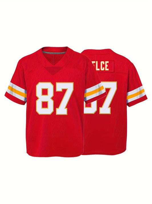 Youth 87 Red Football Jersey V neck Short Sleeve Uniform