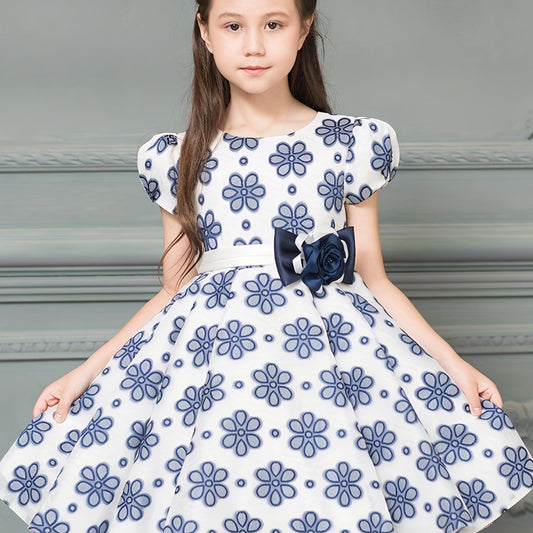 Girls Floral Print Short Sleeve Dress With Belt