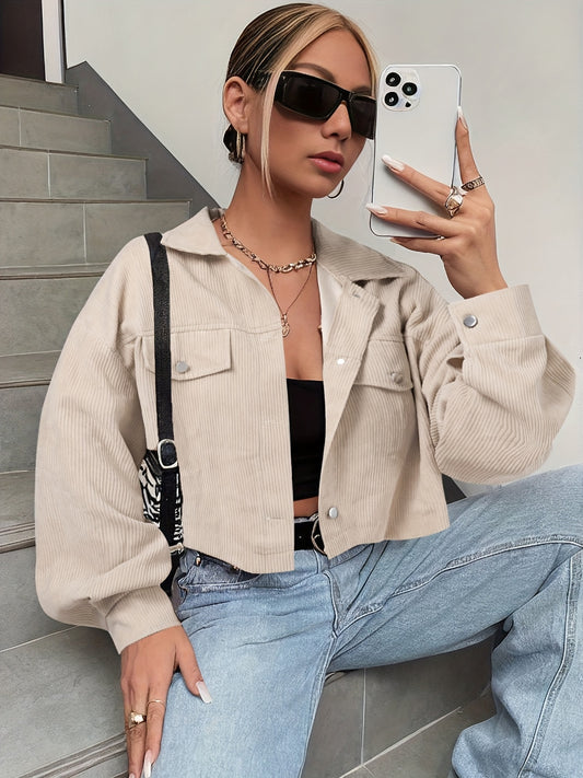 Button Front Flap Pockets Crop Jacket for Women