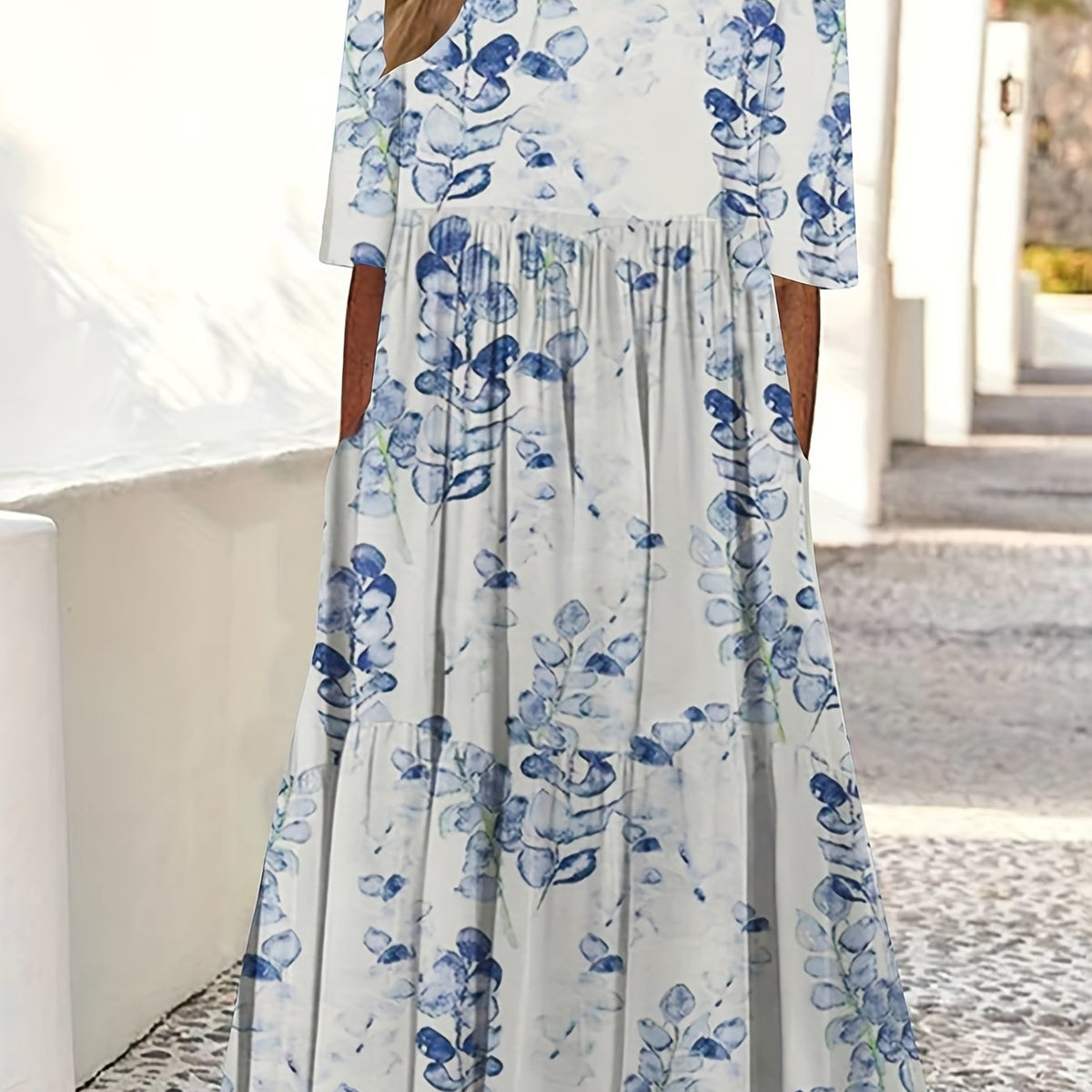 Plus Size Floral Print Short Sleeve Casual Dress With Pockets