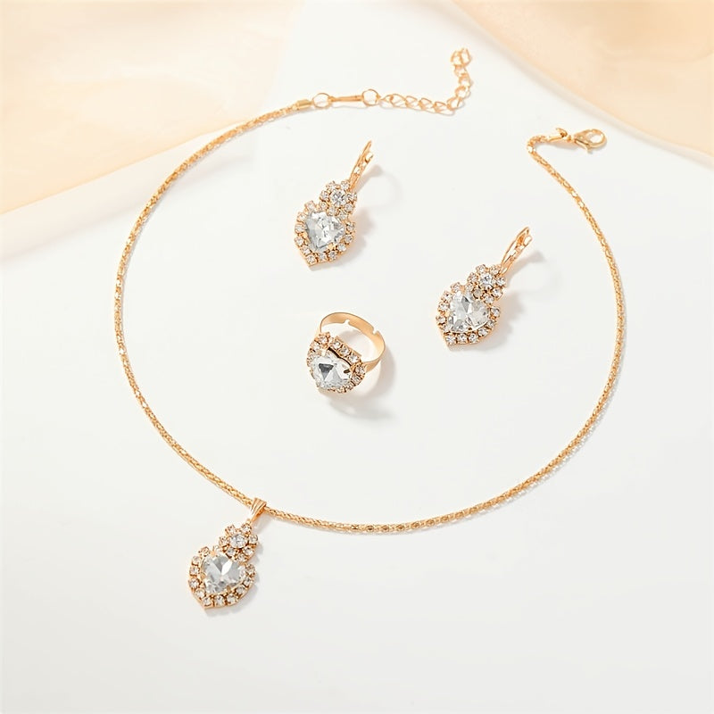 Heart Shape Pendant Jewelry Set Rhinestone Crystal Necklace Earrings Ring