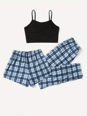 Plaid Print Pajama Set Cami Top & Bow Shorts Women's Sleepwear
