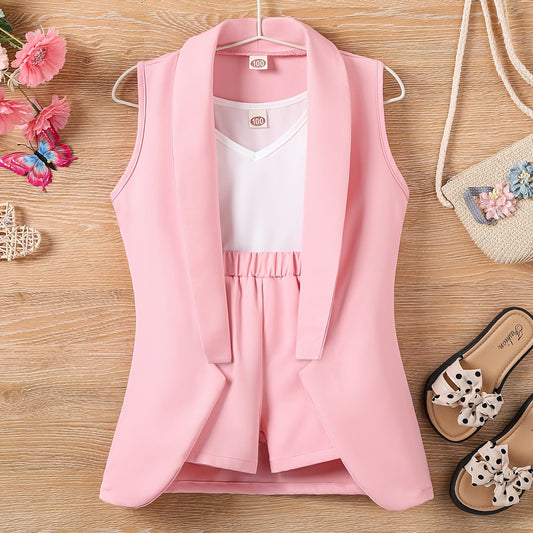3pcs Toddler Girls Shawl Collar Vest & Shorts & Cami Top Set Summer Clothes