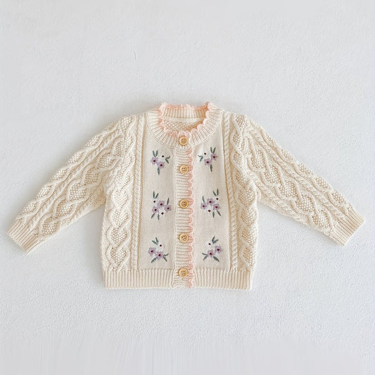 Kids Small Flower Embroidered Cotton Knitted Cardigan