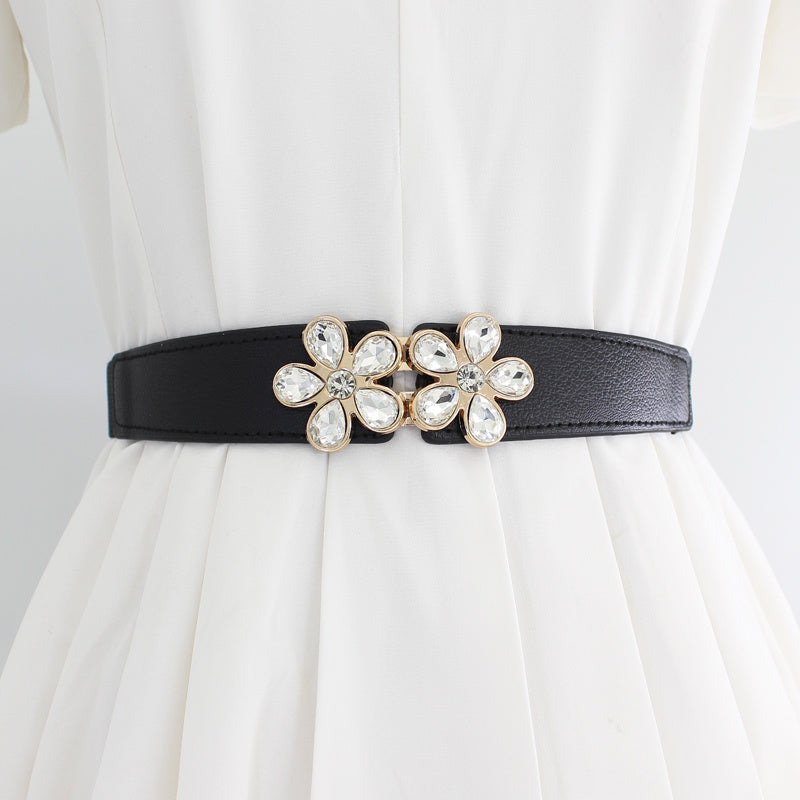 Women's Flower & Leaf Rhinestone Elastic Belt All-match Waist Cover