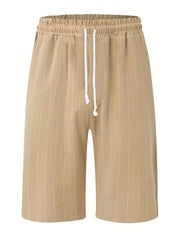 Breathable Striped Flat Front Shorts Men's Casual Waist Drawstring Shorts
