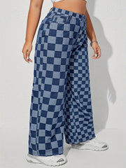  Checkboard Print High Waist Wide Leg Jeans