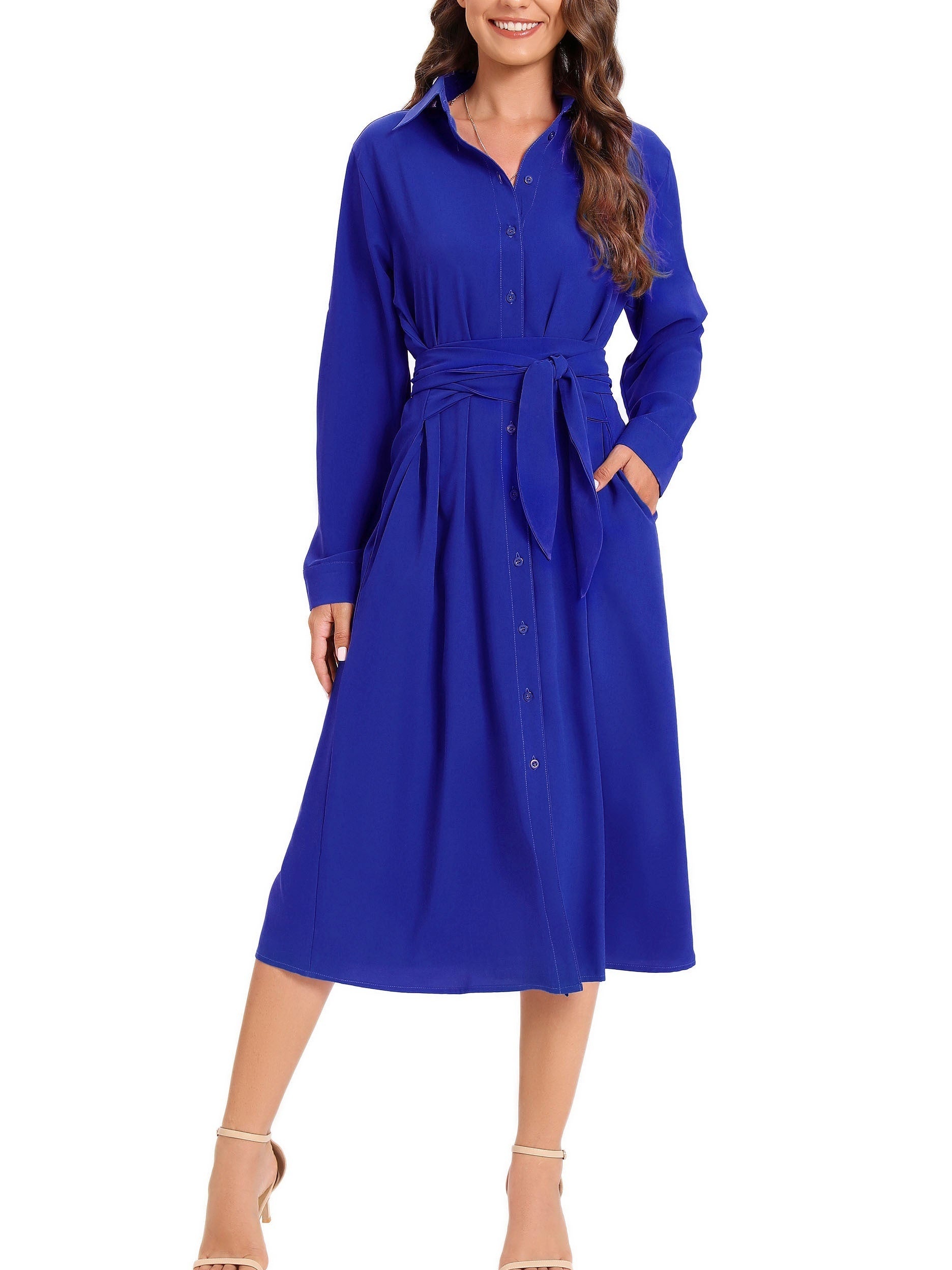 Button Belted Shirt Dress With Pocket Long Sleeve Dress