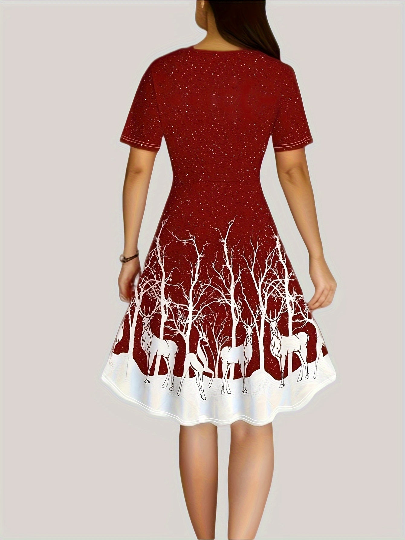  Reindeer Print Short Sleeve Christmas Dress