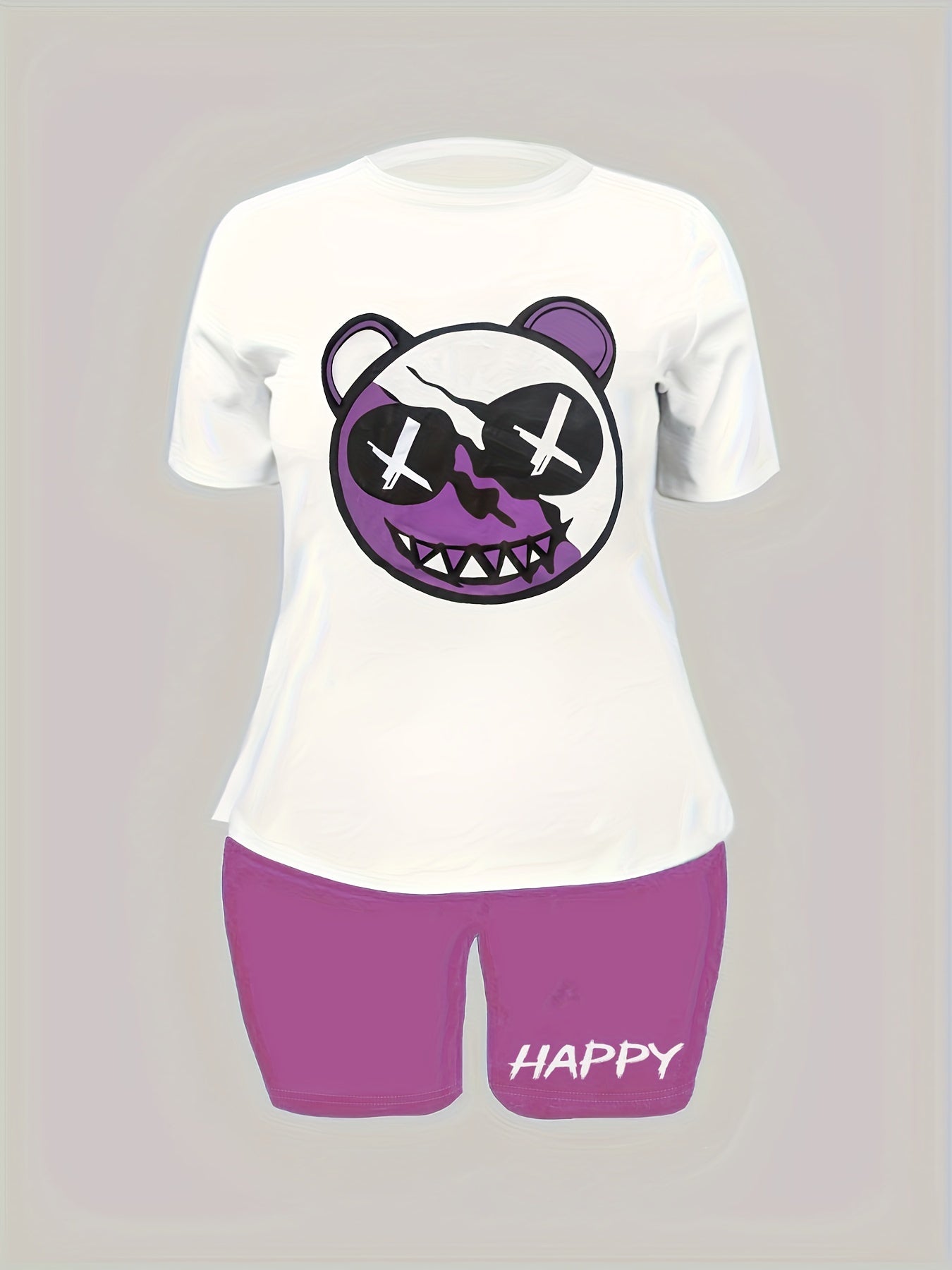  Colorblock Bear Print Crop Top & Shorts Set