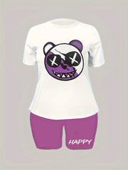 Colorblock Bear Print Crop Top & Shorts Set