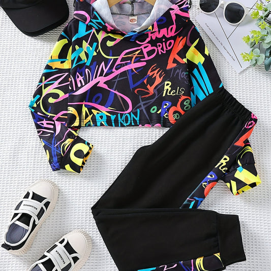 Girls Crop Hoodie & Sweatpants Set Allover Print Top Casual Outfits