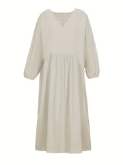  Solid Long Sleeve V-Neck Dress