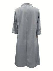  Casual Dress Women Plain Three Quarter Sleeve Button Up Dress