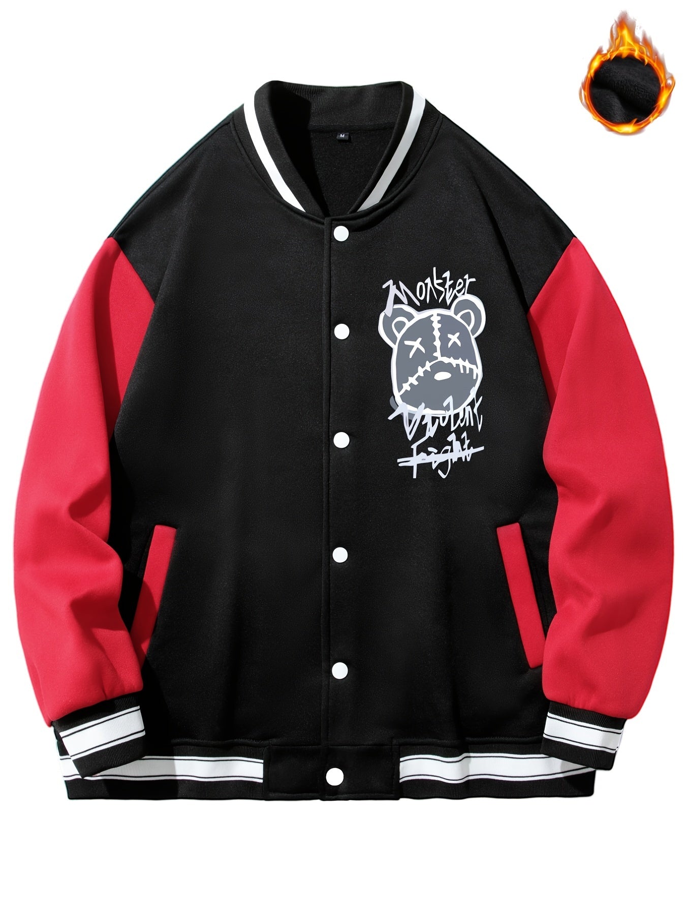 Men's Casual Warm Baseball Jacket With Monster Graphic