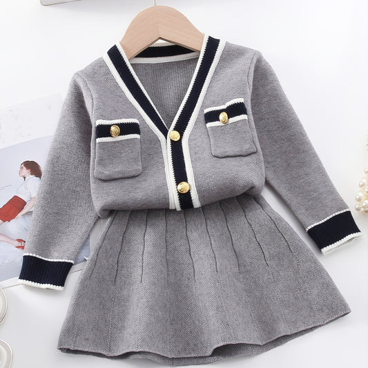 Girl's Preppy Style 2pcs Cable Knit Cardigan & Skirt Set