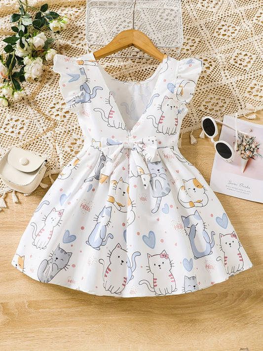 Toddler Girls Ruffle Trim Cat Graphic Backless Bow Princess Dress