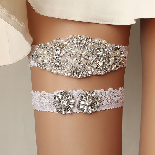 Stretch Lace Bridal Garter Sets With Rhinestones & Faux Pearl - 2pcs set